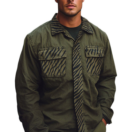 Men's Long Sleeve Shirt | Army Green | Splicing Printed | Casual & Semi-Formal | Transitional Seasons | Modern Style | High-Quality Blend | Comfortable & Durable | Perfect for Spring & Autumn