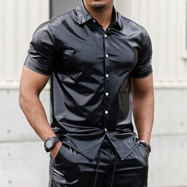 Men's Shiny PU Leather Short Sleeve Shirt & Shorts Set | Black | Fashion-Forward | Modern Fit | Glossy Finish | Evening Events | Comfortable & Flattering | Elastic Waistband | Various Sizes | Clubbing | Night Out