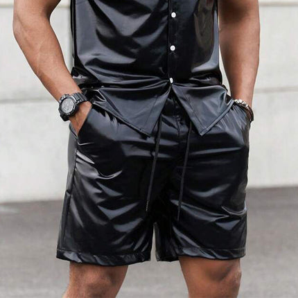 Men's Shiny PU Leather Short Sleeve Shirt & Shorts Set | Black | Fashion-Forward | Modern Fit | Glossy Finish | Evening Events | Comfortable & Flattering | Elastic Waistband | Various Sizes | Clubbing | Night Out