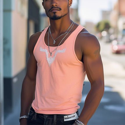 Men's Embroidered Tank Top | Summer Casual Style | Round Neck Sleeveless Shirt | Soft Pink Color | Lightweight Fabric | Comfortable Fit for Warm Weather | Trendy Fashion Statement