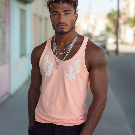 Men's Embroidered Pink Tank Top | Summer Casual Round Neck | Sleeveless Beach Wear | Comfortable Lightweight Fabric | Warm Weather Style