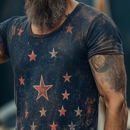 Men's Retro Star Universe Print T-Shirt | Round Neck Short Sleeve | Casual Vintage Style | Breathable Cotton | Sizes S-3XL | Ideal for Everyday Wear & Outdoor Activities | Nostalgic Design