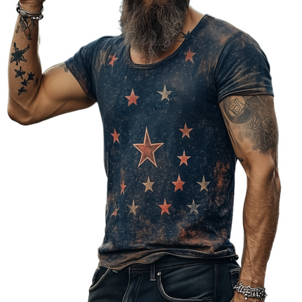 Men's Retro Star Universe Print T-Shirt | Round Neck Short Sleeve | Casual Vintage Style | Breathable Cotton | Sizes S-3XL | Ideal for Everyday Wear & Outdoor Activities | Nostalgic Design