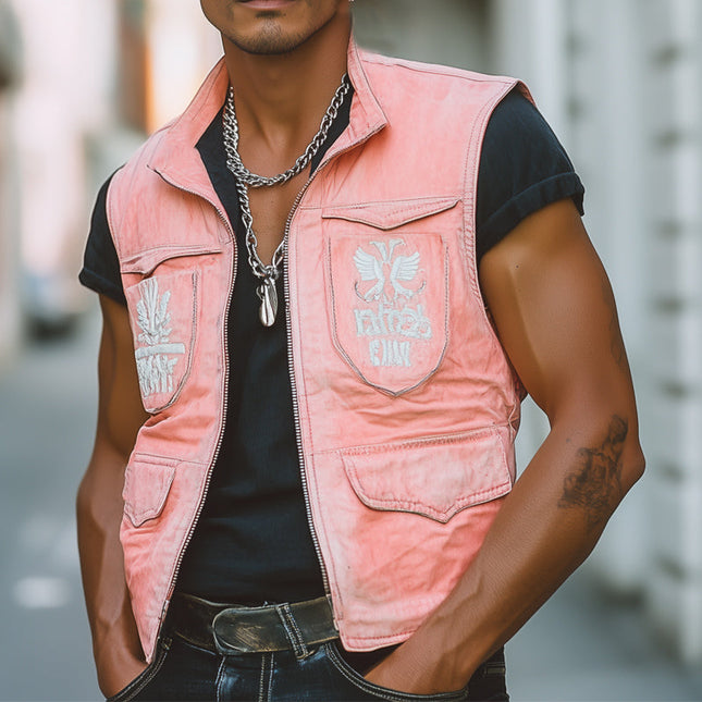 Men's Vest | Fresh Pink Faded Denim | Embroidered Detail | Vintage Style | Bold Color | Comfortable Layering | Premium Quality | Durable & Breathable | Fashion Forward | Various Sizes | Standout Piece