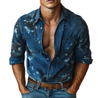 Men's Dark Blue Denim Shirt | Printed Long Sleeve | Classic Fit | Stylish Spring Autumn Wear | Versatile Casual to Semi-Formal | High-Quality Durable Fabric | Available Sizes S to 3XL