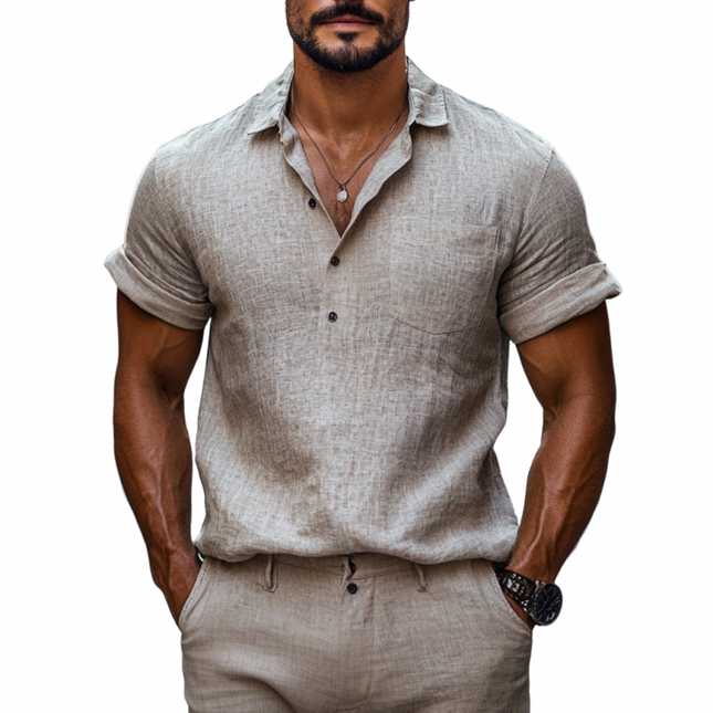 Men's Linen Casual Shirt | Short Sleeve Pullover | Classic Lapel Collar | Breathable Lightweight Fabric | Patch Pocket Design | Relaxed Fit | Versatile Summer Wear | Easy Care