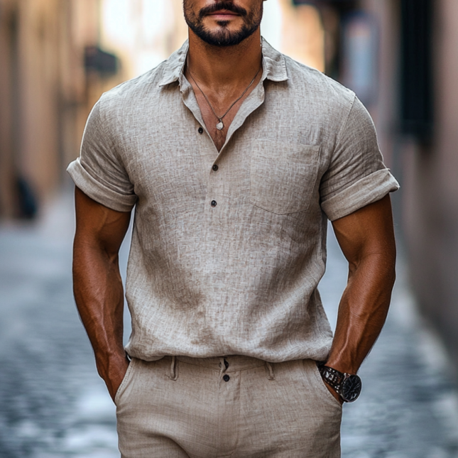 Men's Linen Casual Shirt | Short Sleeve Pullover | Classic Lapel Collar | Breathable Lightweight Fabric | Patch Pocket Design | Relaxed Fit | Versatile Summer Wear | Easy Care