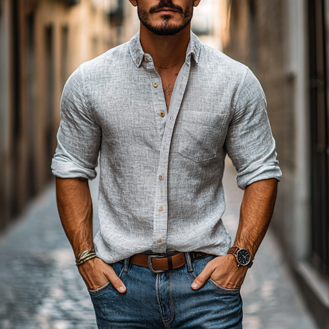 Men's Slim Fit Linen Shirt | Long Sleeve | Casual Patch Pocket | Lapel Collar | Breathable Lightweight Fabric