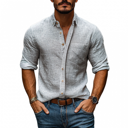 Men's Slim Fit Linen Shirt | Long Sleeve | Casual Patch Pocket | Lapel Collar | Breathable Lightweight Fabric