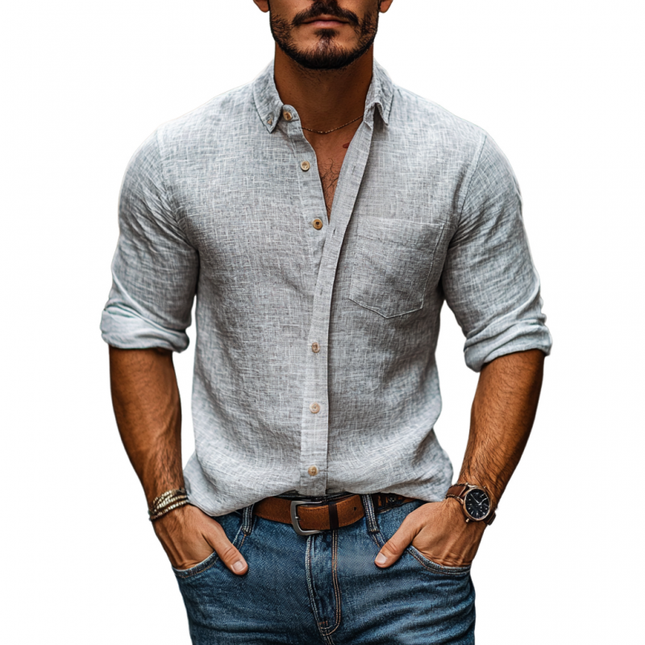 Men's Slim Fit Linen Shirt | Long Sleeve | Casual Patch Pocket | Lapel Collar | Breathable Lightweight Fabric