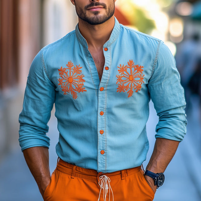 Men's Dress Shirt | Light Blue Denim | Contrast Embroidery | Classic Fit | Full-Length Sleeves | High-Quality Fabric | Versatile for Casual & Formal Wear | Sizes S-3XL
