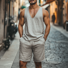Men's Linen Tank Top & Shorts Set | V-Neck Loose Fit | Elastic Waist | Breathable Summer Apparel | Casual Outfit | Beach & Lounge Ready | Versatile Style