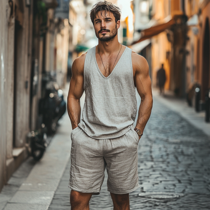 Men's Linen Tank Top & Shorts Set | V-Neck Loose Fit | Elastic Waist | Breathable Summer Apparel | Casual Outfit | Beach & Lounge Ready | Versatile Style