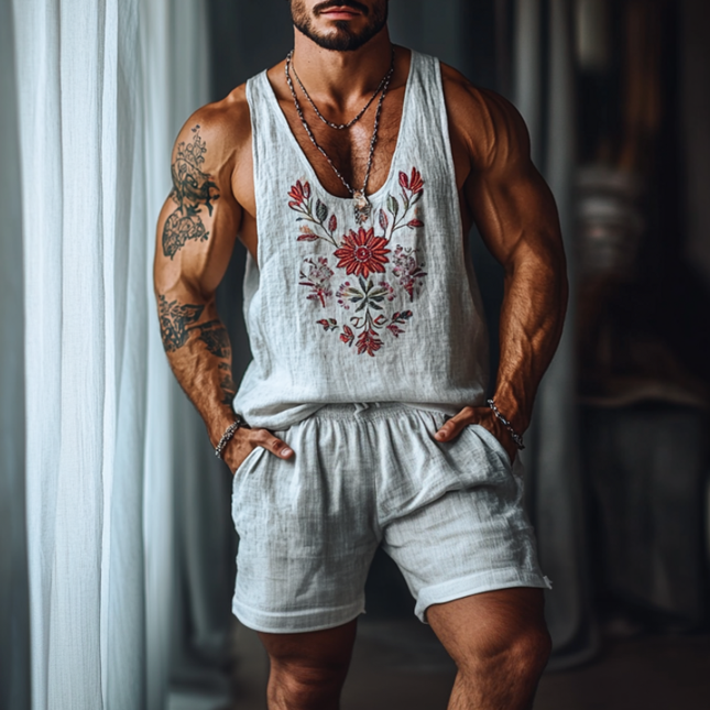 Men's Linen Tank Top & Shorts Set | Flower Embroidery | U-Neck | Elastic Waist | Casual Summer Outfit | Lightweight & Breathable Fabric | Perfect for Beach & Outdoor Activities | Versatile Style | Multiple Sizes Available