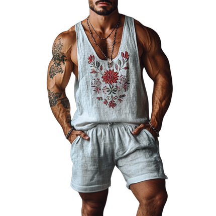 Men's Linen Tank Top & Shorts Set | Flower Embroidery | U-Neck | Elastic Waist | Casual Summer Outfit | Lightweight & Breathable Fabric | Perfect for Beach & Outdoor Activities | Versatile Style | Multiple Sizes Available