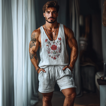 Men's Linen Tank Top & Shorts Set | Flower Embroidery | U-Neck | Elastic Waist | Casual Summer Outfit | Lightweight & Breathable Fabric | Perfect for Beach & Outdoor Activities | Versatile Style | Multiple Sizes Available