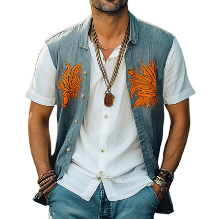 Men's Vest | Summer Washed Denim | Colorblock Embroidered Design | Sleeveless | V-Neck | Casual Fashion | Breathable Comfort | Available in Sizes S to 3XL | Artisanal Detail | Layering Piece | Rugged Charm