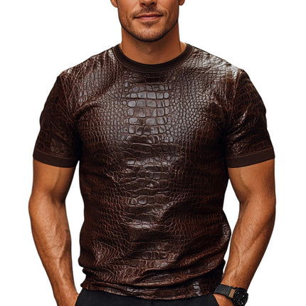 Men's T-Shirt | Crocodile Textured PU Leather | Brown | Short Sleeve | Fashion Statement | Crew Neck | Exotic Style | Premium Material | Contemporary Design | Chic Apparel | Durable and Comfortable