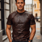 Men's T-Shirt | Crocodile Textured PU Leather | Brown | Short Sleeve | Fashion Statement | Crew Neck | Exotic Style | Premium Material | Contemporary Design | Chic Apparel | Durable and Comfortable