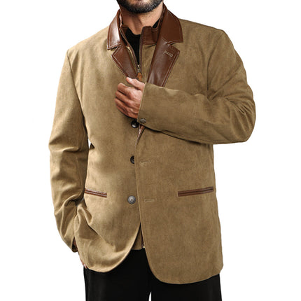Men's Suede Leather Jacket | Vintage Buckskin Outerwear | Autumn Fashion | Long Sleeve | Adjustable Cuffs | Band Collar | Casual Rugged Style | S-3XL Sizes | Durable & Soft | Outdoor Adventures | Classic Layering