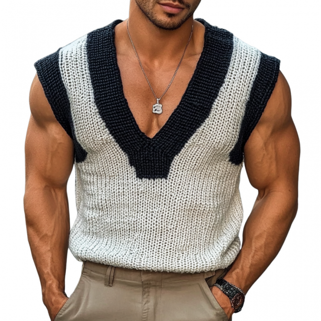 Men's Knitted Vest | Casual V Neck | Contrast Color Design | Slim Fit | Comfortable Layering | Premium Fabric | Versatile Style | Fashionable Casual Outings | Office Wear | Easy Care | Multiple Sizes Available