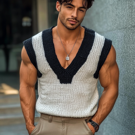 Men's Knitted Vest | Casual V Neck | Contrast Color Design | Slim Fit | Comfortable Layering | Premium Fabric | Versatile Style | Fashionable Casual Outings | Office Wear | Easy Care | Multiple Sizes Available