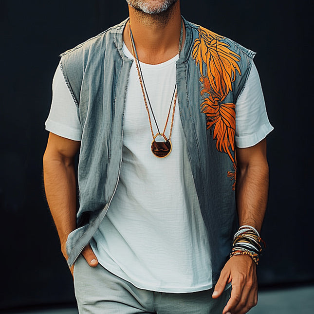 Men's Summer Vest | Washed Denim | Colorblock | Embroidered | Sleeveless | Premium Quality | Breathable | Casual Outfits | Sophisticated Style | Versatile | Available in Multiple Sizes | Classic Design