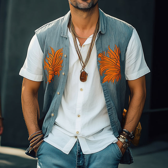 Men's Vest | Summer Washed Denim | Colorblock Embroidered Design | Sleeveless | V-Neck | Casual Fashion | Breathable Comfort | Available in Sizes S to 3XL | Artisanal Detail | Layering Piece | Rugged Charm