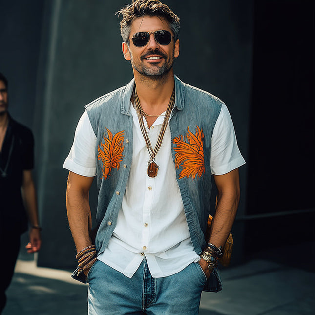 Men's Vest | Summer Washed Denim | Colorblock Embroidered Design | Sleeveless | V-Neck | Casual Fashion | Breathable Comfort | Available in Sizes S to 3XL | Artisanal Detail | Layering Piece | Rugged Charm