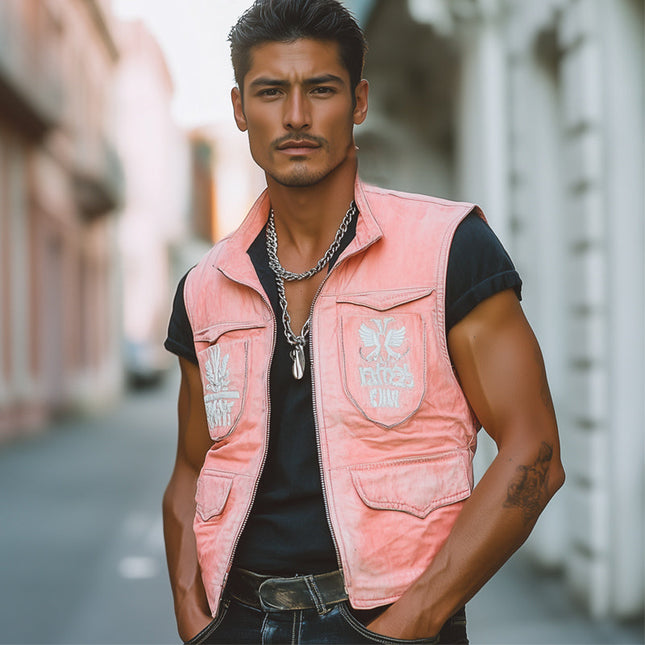 Men's Vest | Fresh Pink Faded Denim | Embroidered Detail | Vintage Style | Bold Color | Comfortable Layering | Premium Quality | Durable & Breathable | Fashion Forward | Various Sizes | Standout Piece