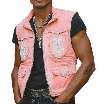 Men's Vest | Fresh Pink Faded Denim | Embroidered Detail | Vintage Style | Bold Color | Comfortable Layering | Premium Quality | Durable & Breathable | Fashion Forward | Various Sizes | Standout Piece