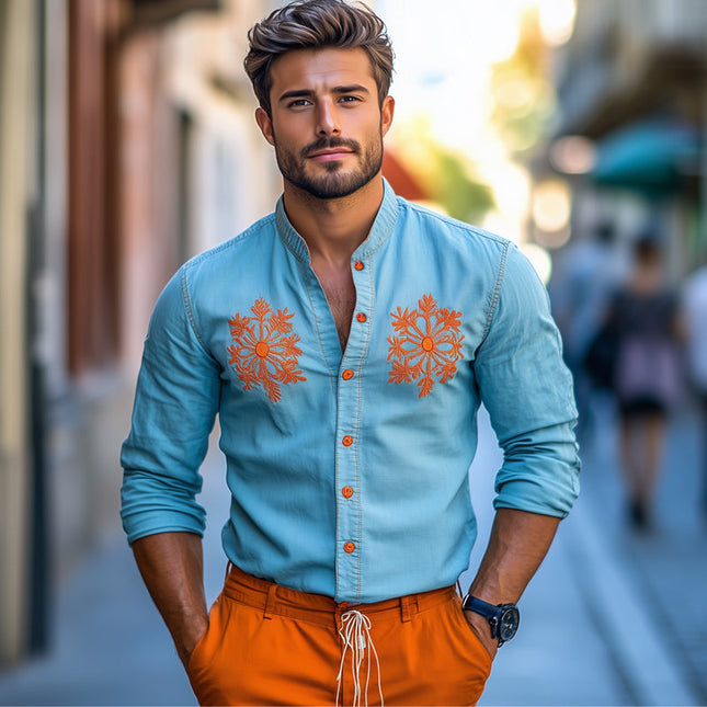 Men's Dress Shirt | Light Blue Denim | Contrast Embroidery | Classic Fit | Full-Length Sleeves | High-Quality Fabric | Versatile for Casual & Formal Wear | Sizes S-3XL