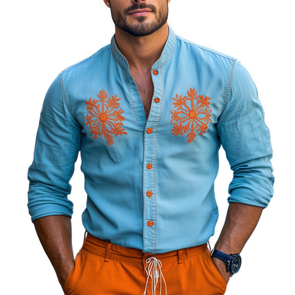 Men's Dress Shirt | Light Blue Denim | Contrast Embroidery | Classic Fit | Full-Length Sleeves | High-Quality Fabric | Versatile for Casual & Formal Wear | Sizes S-3XL