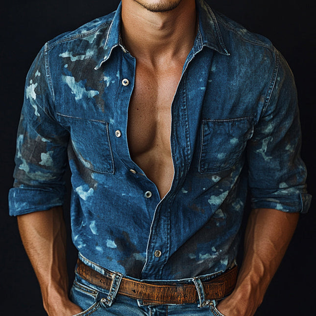 Men's Dark Blue Denim Shirt | Printed Long Sleeve | Classic Fit | Stylish Spring Autumn Wear | Versatile Casual to Semi-Formal | High-Quality Durable Fabric | Available Sizes S to 3XL
