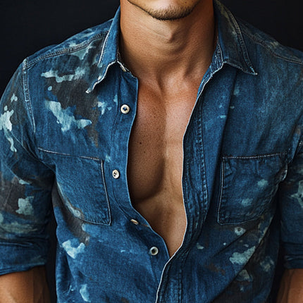 Men's Dark Blue Denim Shirt | Printed Long Sleeve | Classic Fit | Stylish Spring Autumn Wear | Versatile Casual to Semi-Formal | High-Quality Durable Fabric | Available Sizes S to 3XL