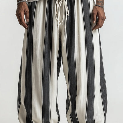 Men's Wide Striped Trousers | Black & White | Relaxed Fit | Breathable Fabric | Elastic Waistband | Casual & Smart-Casual Outfits | Comfortable Everyday Pants