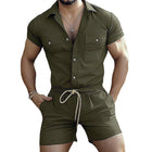 Men's Cotton Short Sleeve Shorts Jumpsuit | Army Green Overall | Casual Breathable Wear | Button-Up Front | Classic Collar | Adjustable Waistband | Sizes S-3XL | Outdoor Adventure | Functional Fashion
