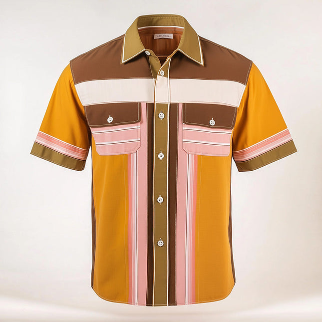 Men's Retro Stripe Print Shirt | Short Sleeve Casual Dress | Contrast Vintage Style | Comfortable Fit | Classic Fashion | High-Quality Material | Ideal for Layering or Warm Weather | Timeless Design