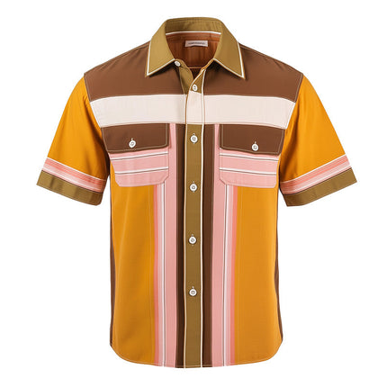 Men's Retro Stripe Print Shirt | Short Sleeve Casual Dress | Contrast Vintage Style | Comfortable Fit | Classic Fashion | High-Quality Material | Ideal for Layering or Warm Weather | Timeless Design