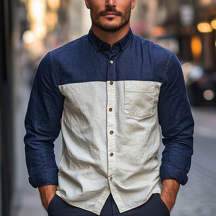 Men's Long-Sleeved Shirt | Cotton Linen Blend | Contrast Stitching | Button-Down Collar | Versatile Style | Available in Sizes Small to 3XL | Sophisticated Classic Design | Comfortable & Breathable Fabric