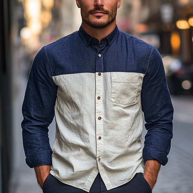 Men's Long-Sleeved Shirt | Cotton Linen Blend | Contrast Stitching | Button-Down Collar | Versatile Style | Available in Sizes Small to 3XL | Sophisticated Classic Design | Comfortable & Breathable Fabric