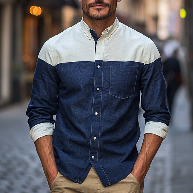 Men's Cotton Linen Shirt | Long Sleeve | Contrast Stitching | Button Down Collar | Classic Fit | Breathable Lightweight Fabric | Versatile Styling | Available in Multiple Sizes | Casual to Business Wear