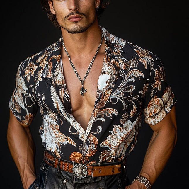Men's Tropical Floral Print Short Sleeve Shirt | Lapel Collar | Vibrant Summer Top | Lightweight & Breathable Fabric | Relaxed Fit | Eye-Catching Exotic Pattern | Versatile Casual or Semi-Formal Wear
