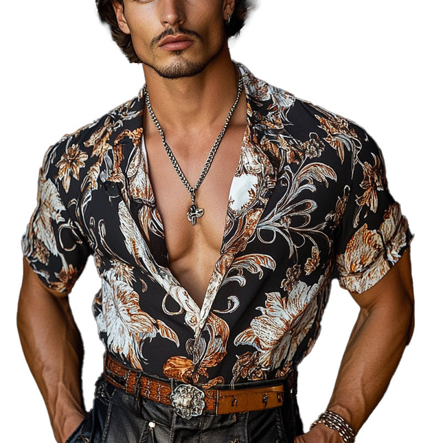 Men's Tropical Floral Print Short Sleeve Shirt | Lapel Collar | Vibrant Summer Top | Lightweight & Breathable Fabric | Relaxed Fit | Eye-Catching Exotic Pattern | Versatile Casual or Semi-Formal Wear