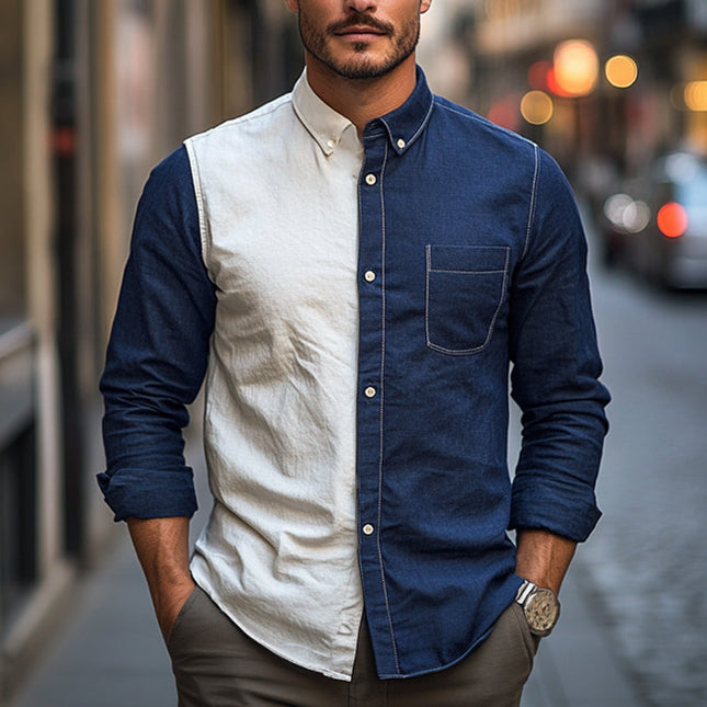 Men's Cotton Linen Shirt | Contrast Stitching | Spring & Autumn | Long Sleeve | Tailored Fit | Breathable Fabric | Versatile Colors | Semi-Formal & Casual Wear | Sizes S-3XL