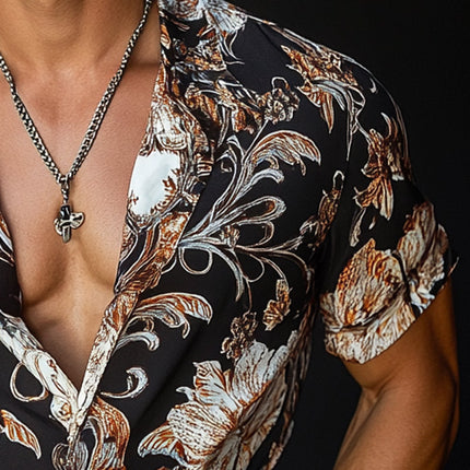 Men's Tropical Floral Print Short Sleeve Shirt | Lapel Collar | Vibrant Summer Top | Lightweight & Breathable Fabric | Relaxed Fit | Eye-Catching Exotic Pattern | Versatile Casual or Semi-Formal Wear