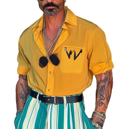 Men's Loose Fit Short Sleeve Shirt | Letter Print | Lapel Collar | Casual Wear | Lightweight | Breathable Fabric | Stylish & Versatile