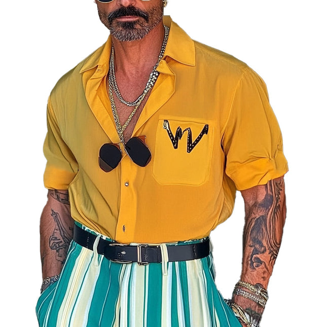 Men's Loose Fit Short Sleeve Shirt | Letter Print | Lapel Collar | Casual Wear | Lightweight | Breathable Fabric | Stylish & Versatile
