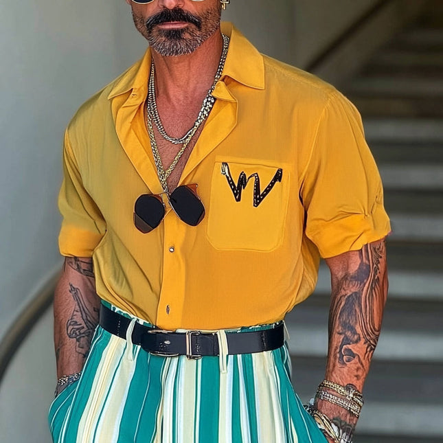 Men's Loose Fit Short Sleeve Shirt | Letter Print | Lapel Collar | Casual Wear | Lightweight | Breathable Fabric | Stylish & Versatile