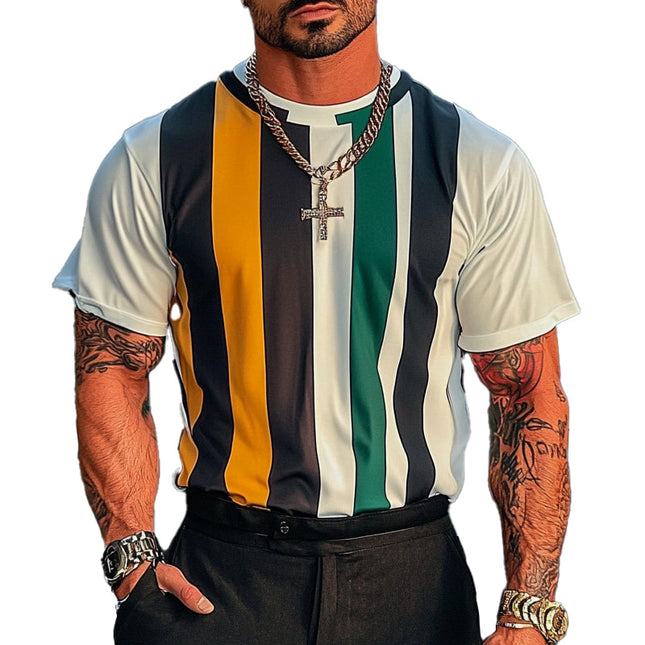 Men's Striped T-Shirt | Short Sleeve | Round Neck | Soft Breathable Fabric | Vibrant Striped Print | Relaxed Fit | Casual Everyday Wear | Double-Stitched Seams | Modern Style